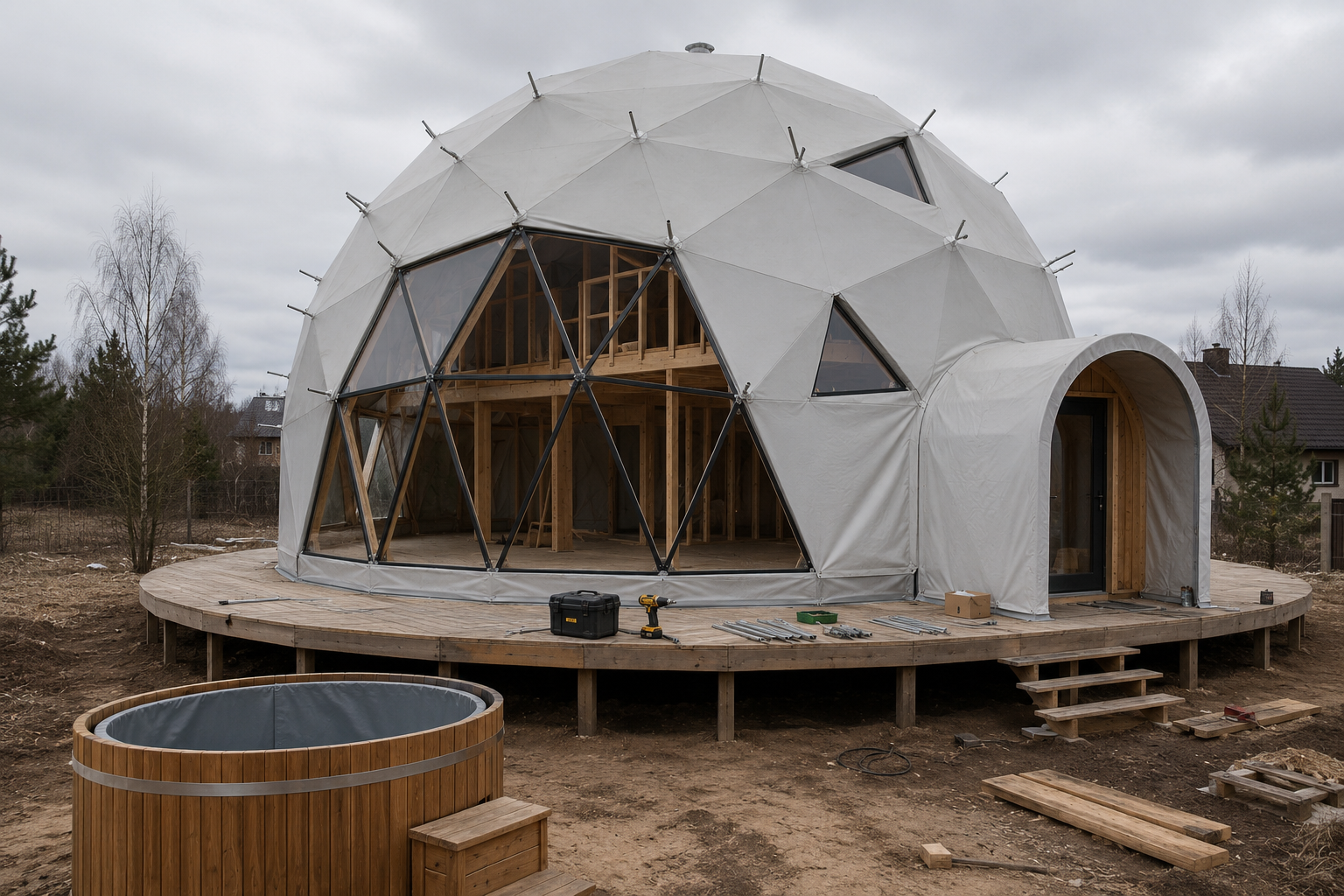GEODOMAS Ø10 m GLAMPING PRO montavimas: geodezinis karkasas, membrana, panoraminiai langai ir vidaus lofto konstrukcija