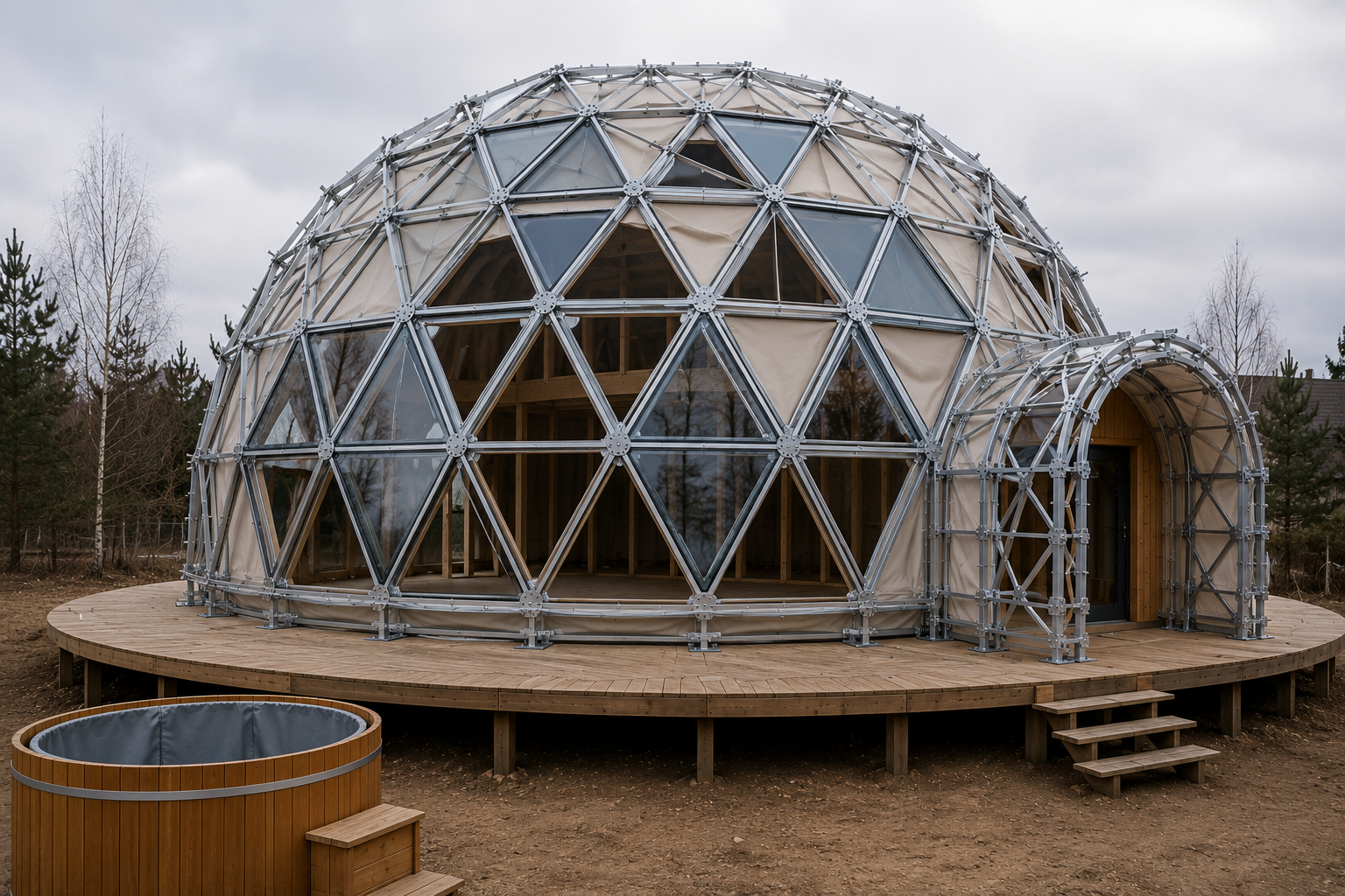 GEODOMAS Ø10 m GLAMPING PRO konstrukcinis pagrindas: geodezinis karkasas, membrana, langai ir vidaus platforma