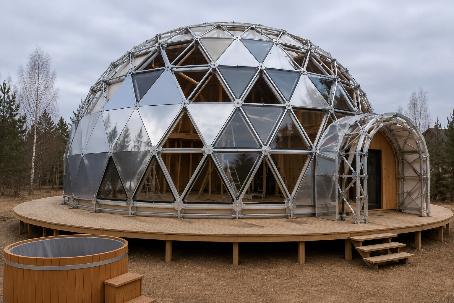 GEODOMAS Ø10 m GLAMPING PRO su kompozitinėmis fasado panelėmis ir stiklo paketais ant geodezinio karkaso