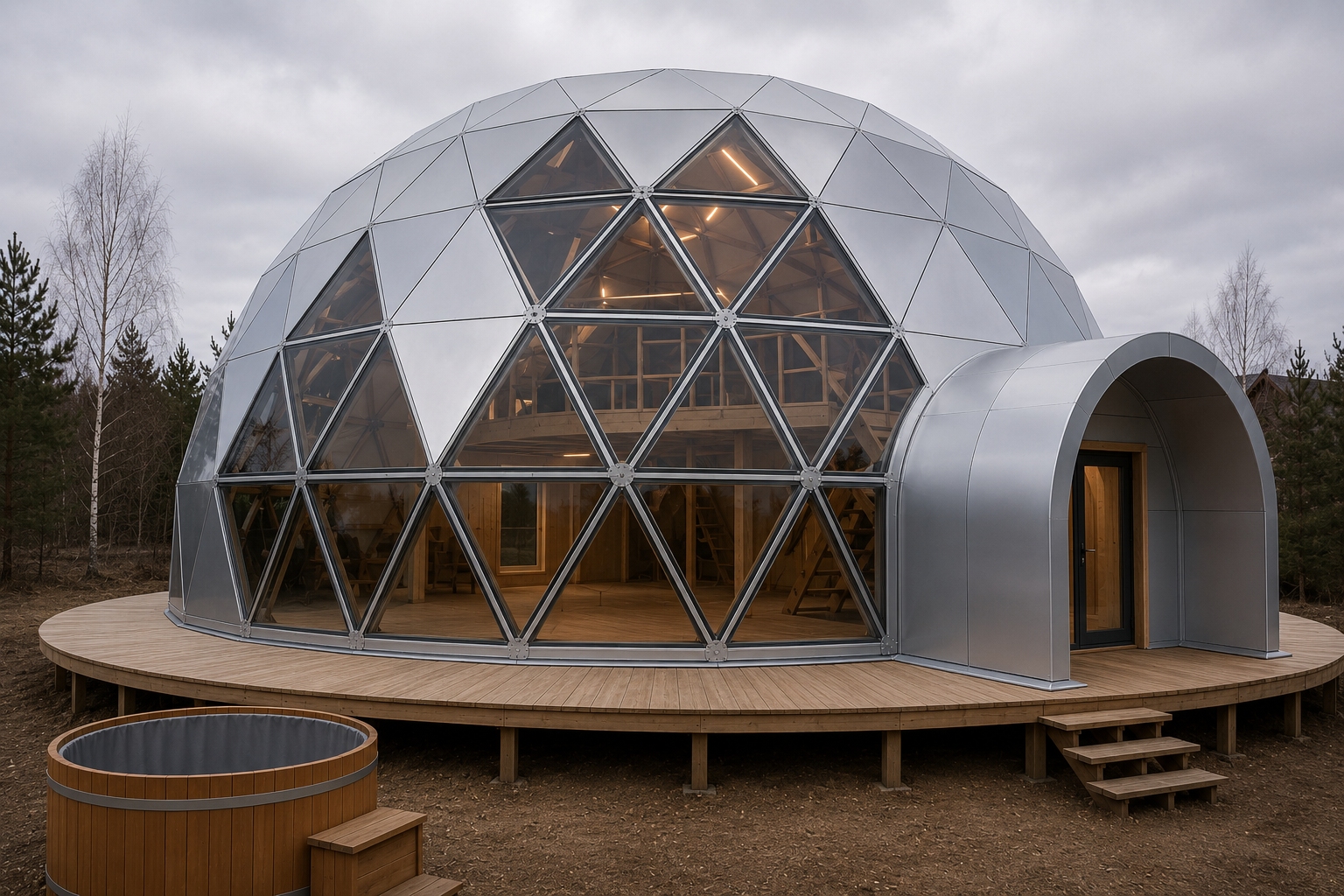 GEODOMAS Ø10 m GLAMPING PRO išorinis fasadas: kompozitinės panelės ir stiklo zona ant geodezinio karkaso
