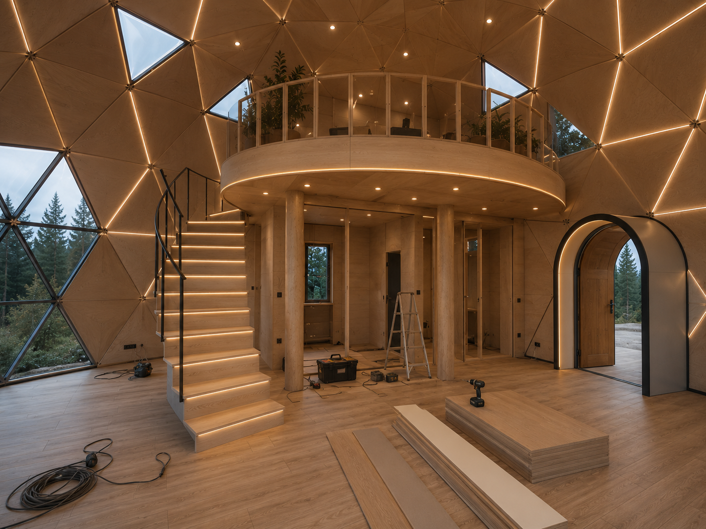 GEODOMAS Ø10 m GLAMPING PRO vidaus apdaila: baldinės dekoratyvinės panelės, elektrifikacija ir LED apšvietimas