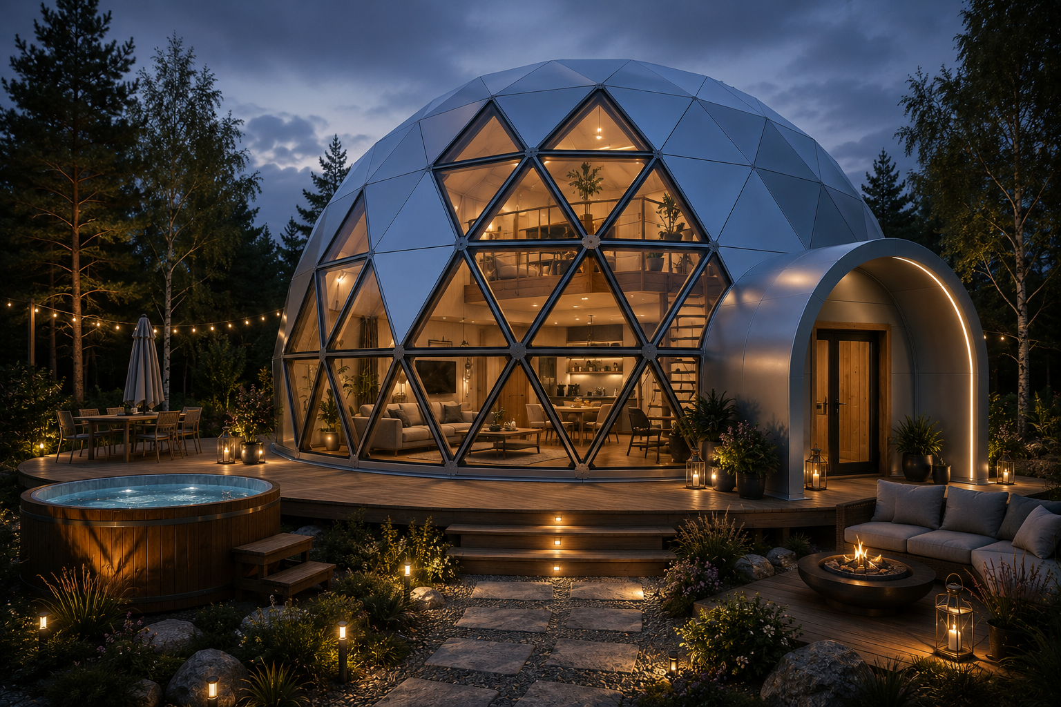GEODOMAS GLAMPING LIVING BASE: pilnai baigtas glampingo kupolas su terasa, apželdinimu, panoraminiais langais ir interjeru iki rakto