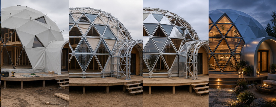 GEODOMAS GLAMPING PRO transformacija etapais: BASE, ALL-SEASON, PRO ir PREMIUM DOME HOUSE ant to paties geodezinio karkaso