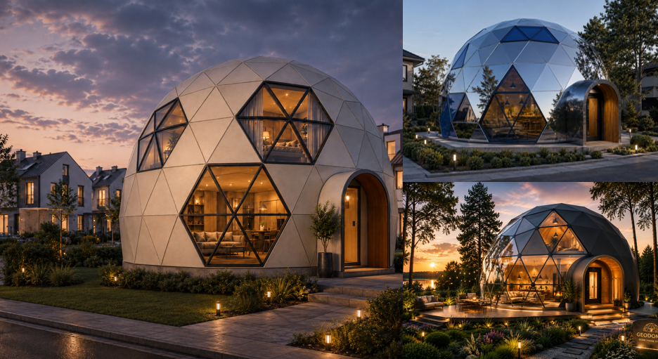 GEODOMAS PREMIUM DOME HOUSE: kompozitinis veidrodinis fasadas, stiklo zonos ir medinis įėjimo portalas