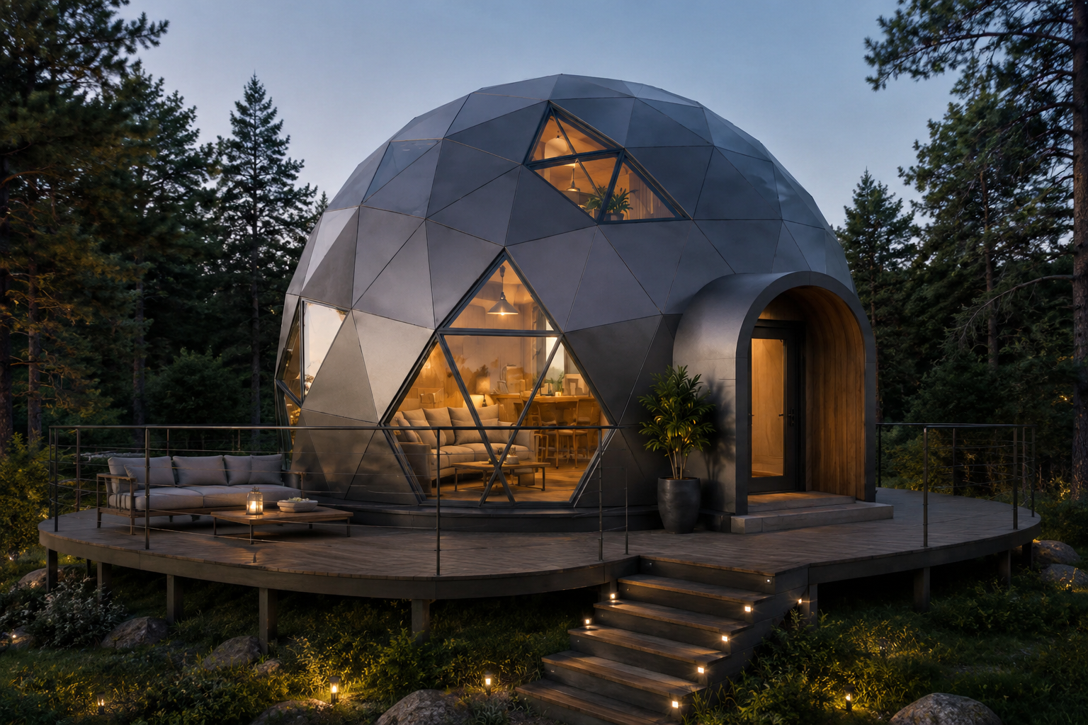 GEODOMAS GLAMPING LIVING ALL-SEASON: izoliuotas kupolas su loftu, terasa ir šiltu interjeru vakaro šviesoje