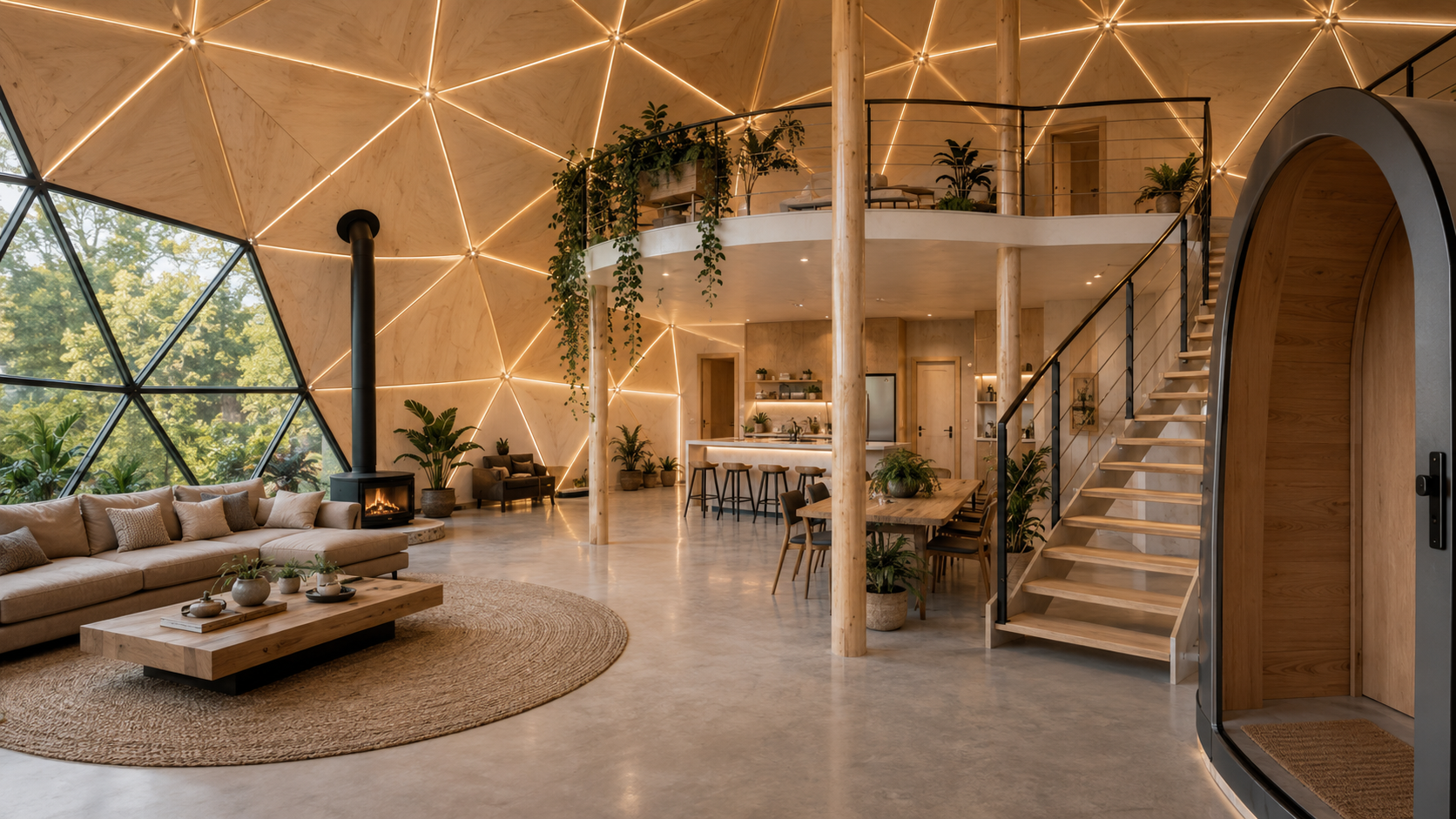 GEODOMAS GLAMPING PRO interjeras: medinės panelės, loftas, svetainė, virtuvė ir LED apšvietimas