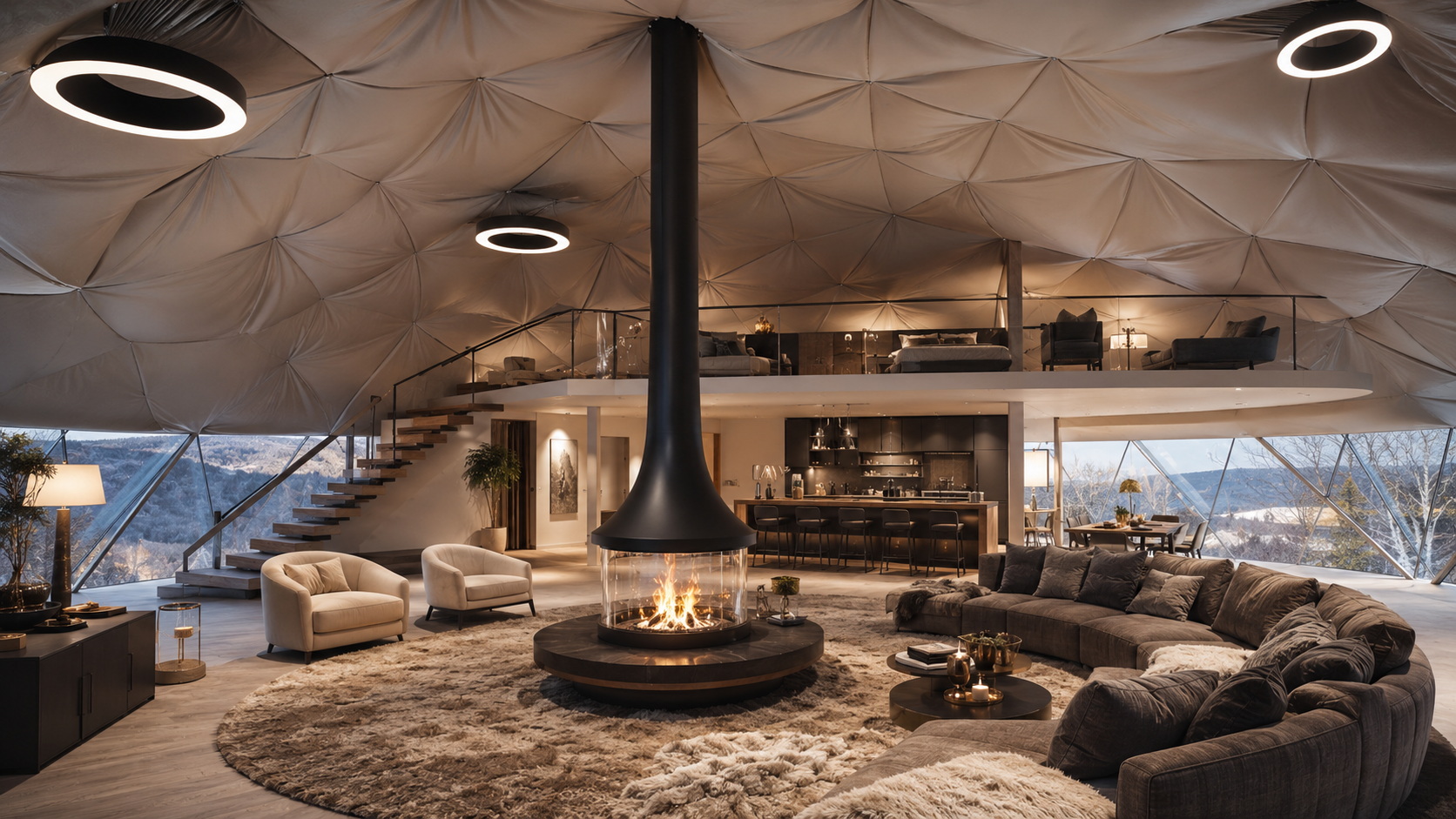 GEODOMAS Ø16 m gyvenamojo glamping kupolo vizualizacija su jaukia vidaus erdve