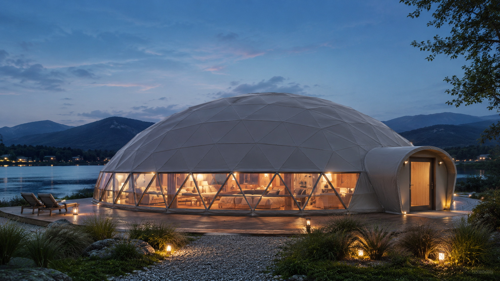 GEODOMAS Ø16 m gyvenamojo glamping kupolo vizualizacija su jaukia vidaus erdve