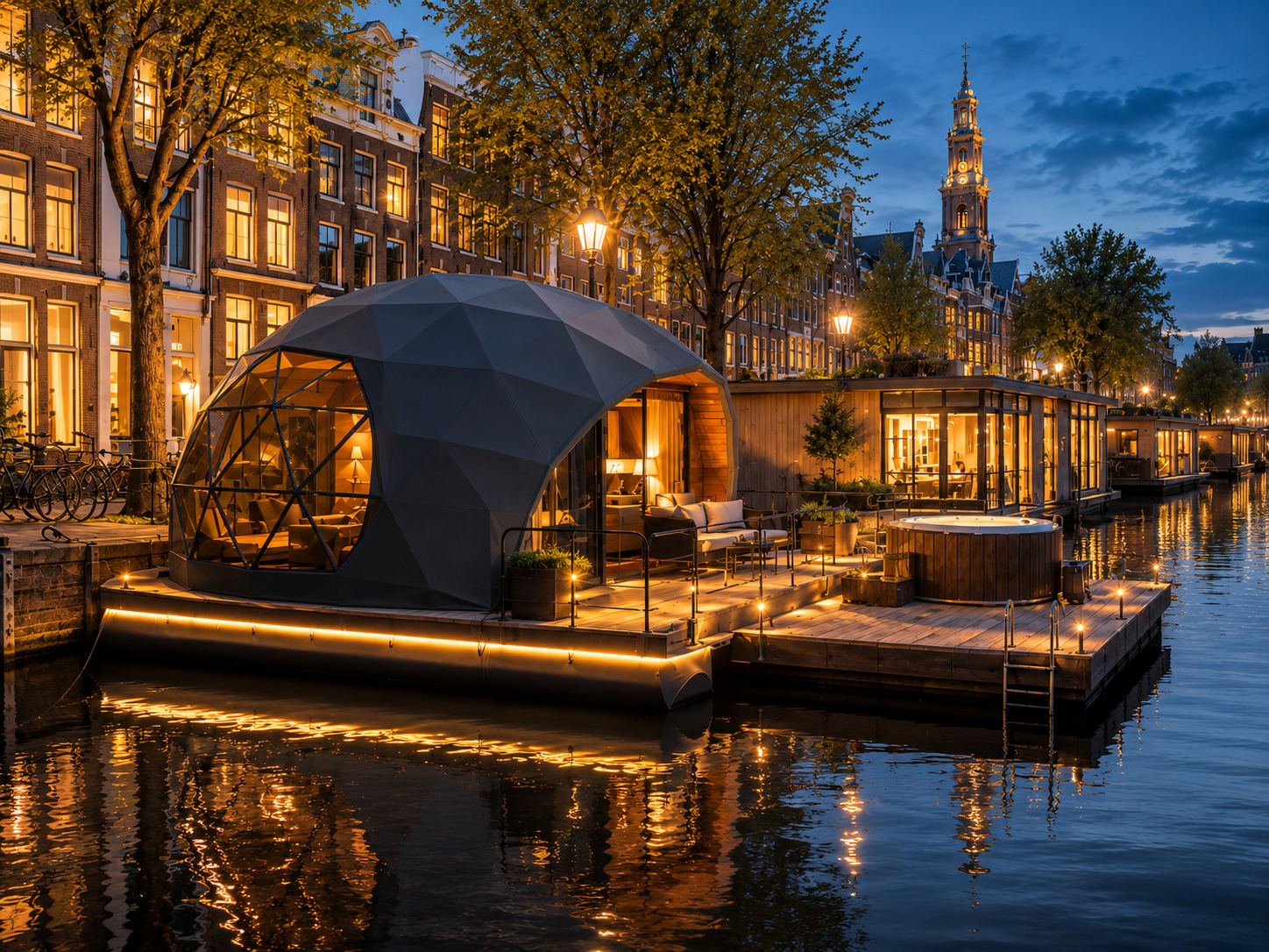 Float Dome Ø7 m serijinio modelio architektūra ant pontoninės platformos