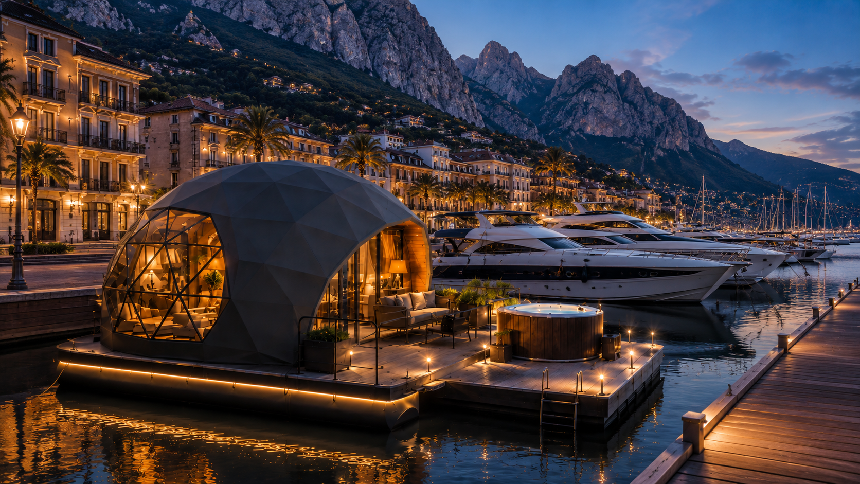 Geodezinis Float Dome ant vandens su panoramine dalimi ir atvira vidaus erdve