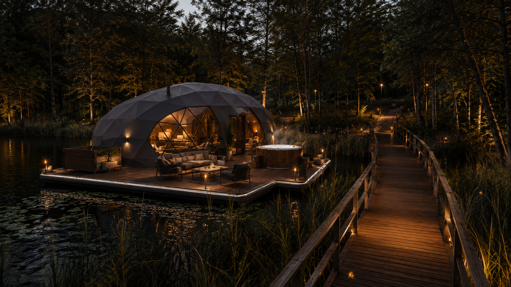 Individualaus Float Dome projekto vakarinė vizualizacija ant vandens su terasa ir SPA zona