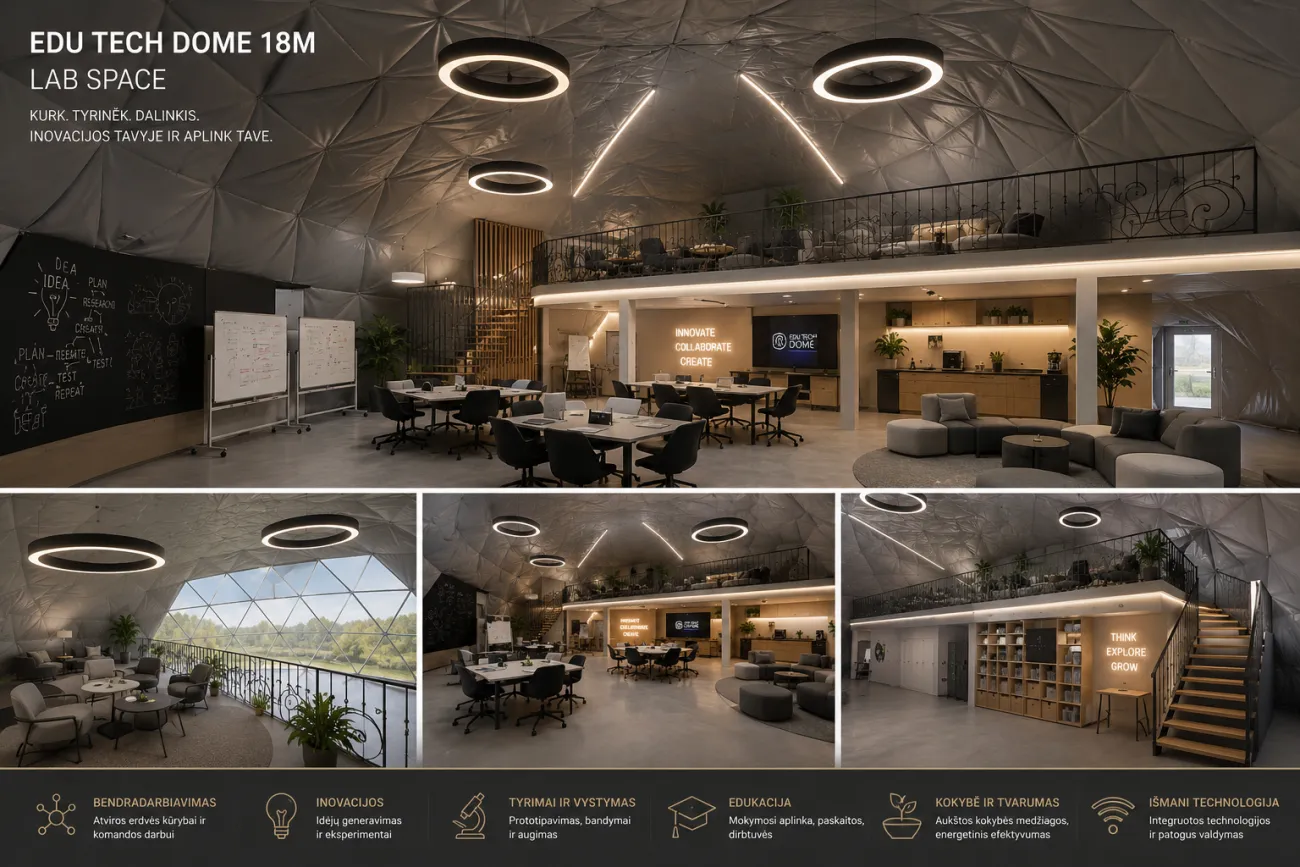 GEODOMAS Ø18 m glamping hotel kupolo interjeras su atvira erdve, loftu, lounge zona ir edukacine sale