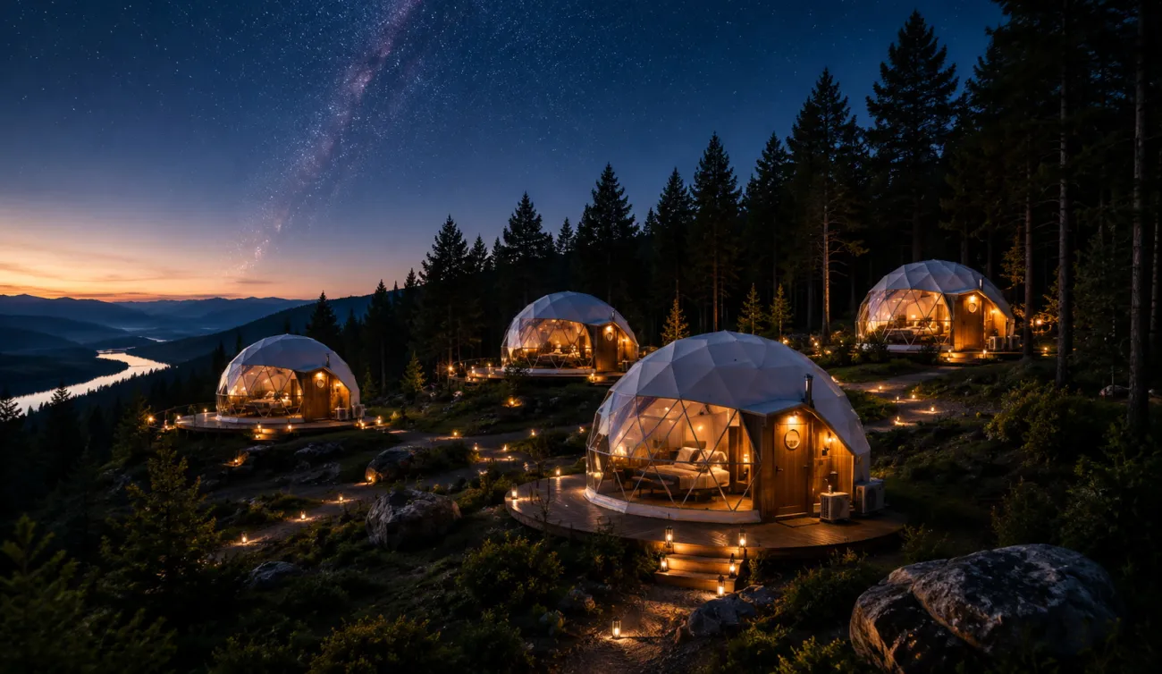 GEODOMAS glamping resorto panorama su keliais apšviestais kupolais, takais, terasomis ir miško aplinka
