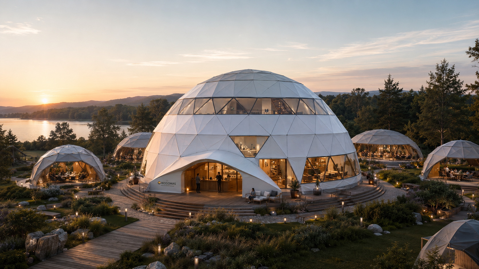 GEODOMAS GLAMP 600 – daugiaaukštis glamping viešbučio kupolas ežero pakrantėje