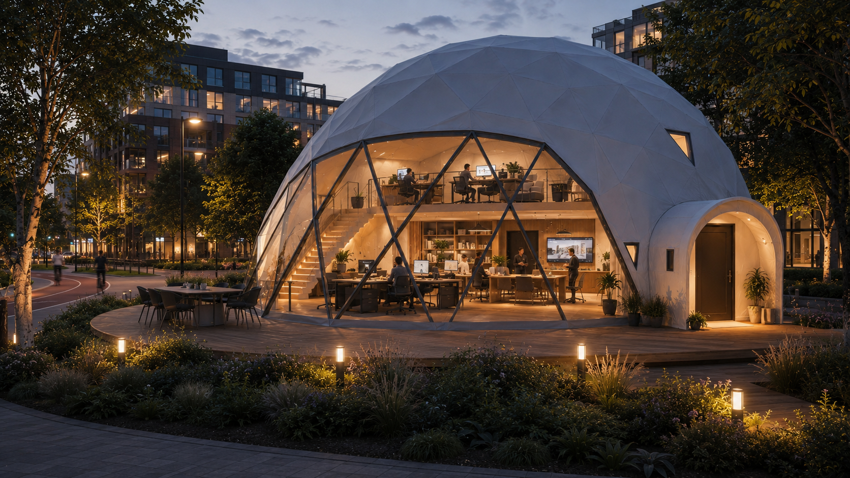GEODOMAS GLAMP STUDIO 145 apšiltintas ∅11 m kupolas su 95 m² pagrindiniu aukštu ir iki 50 m² loftu
