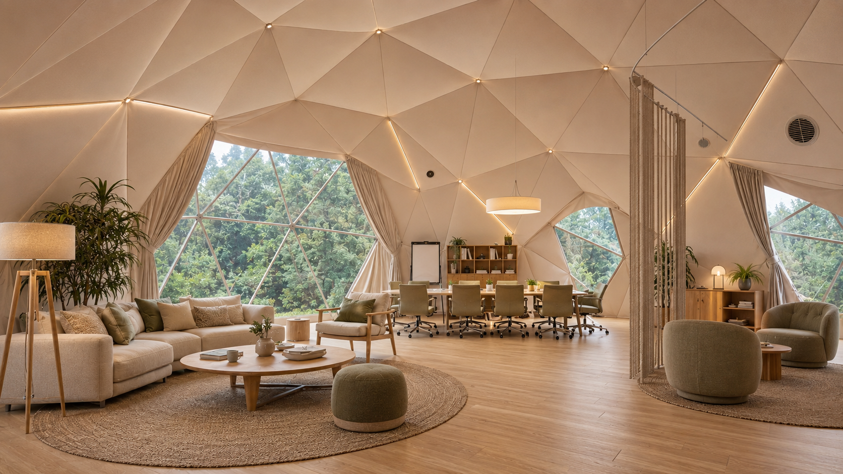 Apšiltinto GEODOMAS GLAMPING kupolo bazinis tekstilinis interjeras su panoraminiais langais ir trimis funkcinėmis zonomis